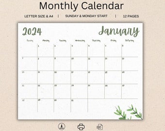 Minimalist Calendar 2024 | 2024 Monthly Calendar | A4, Letter | Landscape | Sunday & Monday Start | Printable Calendar | Digital PDF