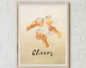 Cheers Sign Cocktail Poster Bar Cart Prints Happy Hour Sign Printable Bar Cart Wall Decor Retro Bar Art