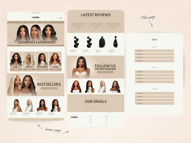 May include: Website homepage for a hair extensions company called Natalia. The website features images of women with different hair textures, including curly, wavy, straight, and dyed. The website also includes a section for bestsellers and a section for customer reviews. The website has a call to action to follow the company on Instagram.