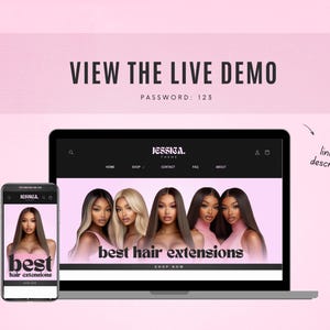 Puede incluir: Una captura de pantalla de un sitio web que muestra una computadora port&aacute;til negra con un sitio web abierto en la p&aacute;gina de inicio de una empresa de extensiones de cabello llamada "Jessica Theme". El sitio web presenta una imagen de banner de cinco mujeres con extensiones de cabello largas y fluidas. El texto "best hair extensions" se muestra en negrita, letras negras en la imagen del banner. El sitio web tambi&eacute;n incluye una barra de navegaci&oacute;n con enlaces a "Inicio", "Tienda", "Contacto", "Preguntas frecuentes" y "Acerca de".