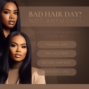 Op de afbeelding: Een afbeelding met twee vrouwen met lang zwart haar. De tekst luidt "Bad Hair Day? Not Anymore!" en "Check out our website to choose best: Frontal Wig, 360 Lace Wig, Natural Hair Wig, Synthetic Wig".