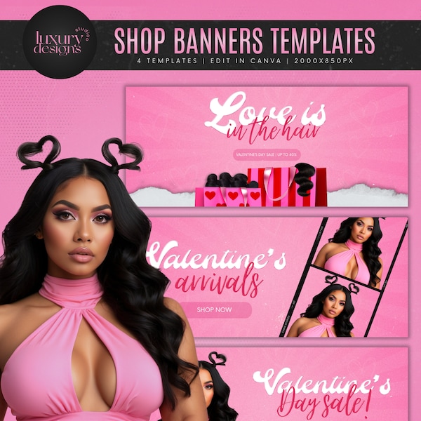 DIY, Premade Hair Website Banners, Shopify, Hair Extensions, Wig Boutique Store Design, Valentine's Day Banners, Valentine's Day Sale