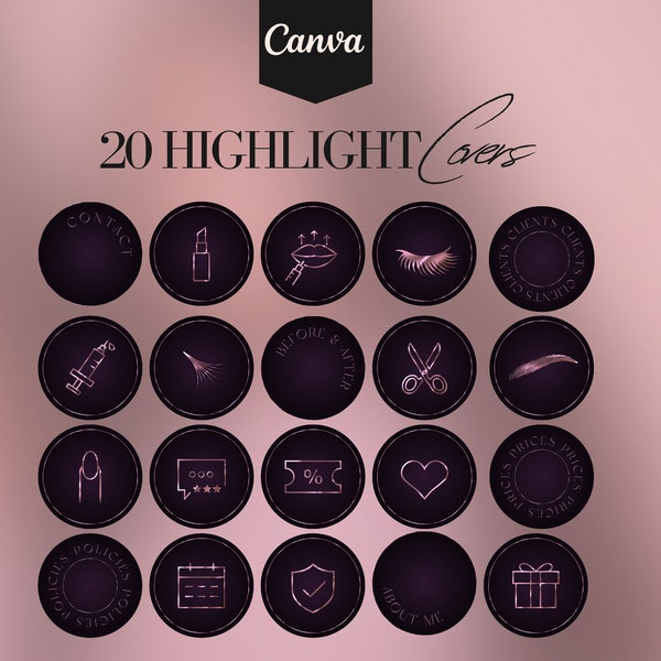 20 Insta Highlight Covers, Luxus Rose Gold, Elegante IG Story Icons für die Schönheitsindustrie, Beauty Business Instagram Pack