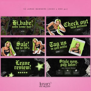 Hair Website Banner Kit: Neon Green Shopify Store Design (Canva Template) image 2