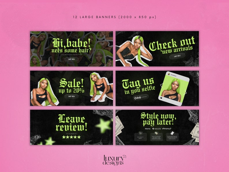 Hair Website Banner Kit: Neon Green Shopify Store Design (Canva Template) image 2