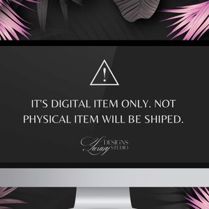 Op de afbeelding: Een computerscherm met een zwarte achtergrond en een witte waarschuwingsdriehoek. De tekst op het scherm luidt "It's digital item only. Not physical item will be shipped. Luxury Designs Studio."