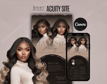 May include: A website mockup for a lash technician named Ashley. The website is designed in a black and gold colour scheme with a photo of a woman with long, dark hair and lashes. The text on the website says "Lashes by Ashley" and includes information about the services offered.