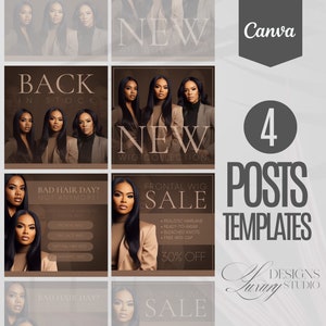 Op de afbeelding: Vier Instagram-posttemplates voor een pruikenbedrijf. De sjablonen hebben een bruine achtergrond met tekst die zegt "Back in Stock", "New Wig Collection", "Bad Hair Day? Not Anymore!" en "Frontal Wig Sale".