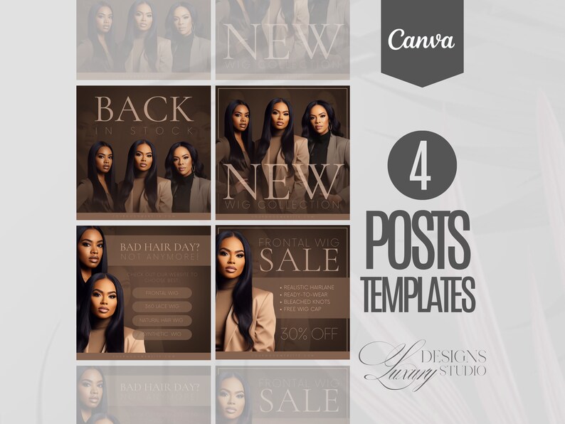 Op de afbeelding: Vier Instagram-posttemplates voor een pruikenbedrijf. De sjablonen hebben een bruine achtergrond met tekst die zegt "Back in Stock", "New Wig Collection", "Bad Hair Day? Not Anymore!" en "Frontal Wig Sale".