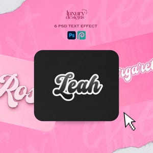 May include: A black background with the word "Leah" in white with a black outline in a retro style font. The background is surrounded by pink squares with the words "Rose" and "Margaret" in white with a pink outline in a retro style font.