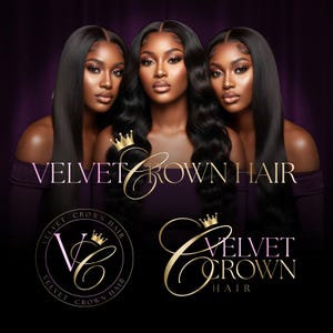 May include: Three women with long, dark hair are featured in a promotional image for Velvet Crown Hair. The text and logo are in gold, with a crown above the word "Crown". The background is a deep purple.