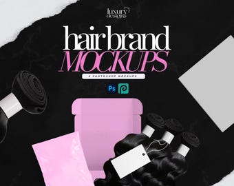 Hair Brand Packaging Mockup: Editable Bundle Wrap, Mailer, Tag (PSD Digital Download)