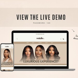May include: A screenshot of a website for a hair company called "natalia." The website features a banner with the text "LUXURIOUS EXPERIENCE?" and images of three women wearing different hairstyles. The website also has a navigation bar with links to "Home", "Shop", "Contact", "About", and "Blog".