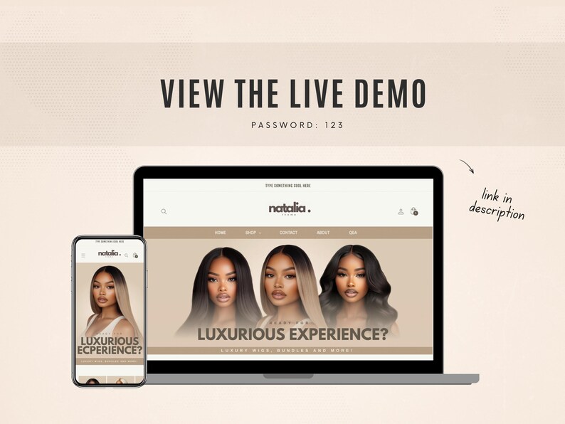 May include: A screenshot of a website for a hair company called "natalia." The website features a banner with the text "LUXURIOUS EXPERIENCE?" and images of three women wearing different hairstyles. The website also has a navigation bar with links to "Home", "Shop", "Contact", "About", and "Blog".