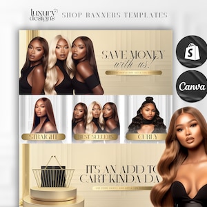 Hair Extensions Website Banner Kit: Shopify Wig Boutique Design (Canva)