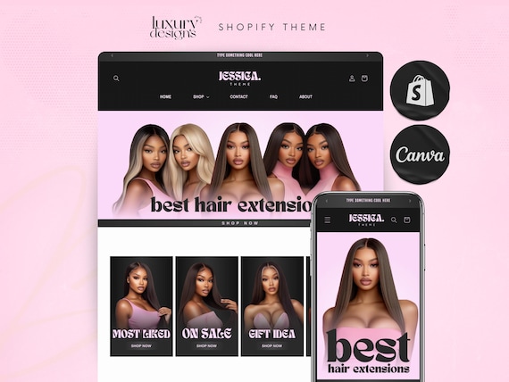 Shopify Theme for Hair Bundles & Extensions Shop Mobile-Responsive Canva  Modern Pink Black Shopify Site  Ecommerce Boutique - jessicatheme
