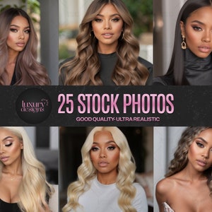 May include: A collage of six images featuring women with different hairstyles and makeup looks. The images are arranged in a grid pattern and are surrounded by a black border with the text "25 STOCK PHOTOS" in pink letters and the text "GOOD QUALITY - ULTRA REALISTIC" in white letters.