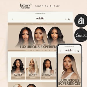 May include: A website screenshot showing a Shopify theme for a hair extensions business. The website features a black background with a white logo and text. The website also features images of women with different hair styles. The text on the website reads "Luxurious Experience" and "Stand for Luxurious Wigs, Bundles and More".