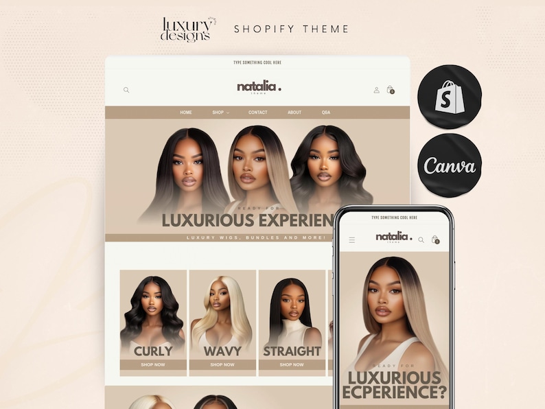 May include: A website screenshot showing a Shopify theme for a hair extensions business. The website features a black background with a white logo and text. The website also features images of women with different hair styles. The text on the website reads "Luxurious Experience" and "Stand for Luxurious Wigs, Bundles and More".