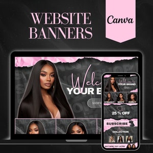 May include: A laptop and a mobile phone display website banners for a hair extensions brand. The banners feature a model with long black hair, a welcome message, and a call to action to shop now. The mobile phone banner also includes a 25% off sale and a subscribe button.