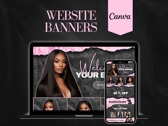 Hair Website Banner Kit: Pink & Black Shopify Store Design (Canva Template)