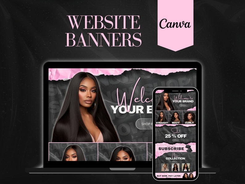 May include: A laptop and a mobile phone display website banners for a hair extensions brand. The banners feature a model with long black hair, a welcome message, and a call to action to shop now. The mobile phone banner also includes a 25% off sale and a subscribe button.