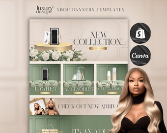 Lash Website Banner Kit: Green & Gold Shopify Templates (Canva)