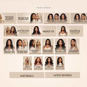 May include: A collage of images promoting hair extensions. The images feature different hairstyles, including wavy, curly, straight, and dyed hair. The text on the images includes "Restock Alert!" and "Big Sale Up To 50% Off".