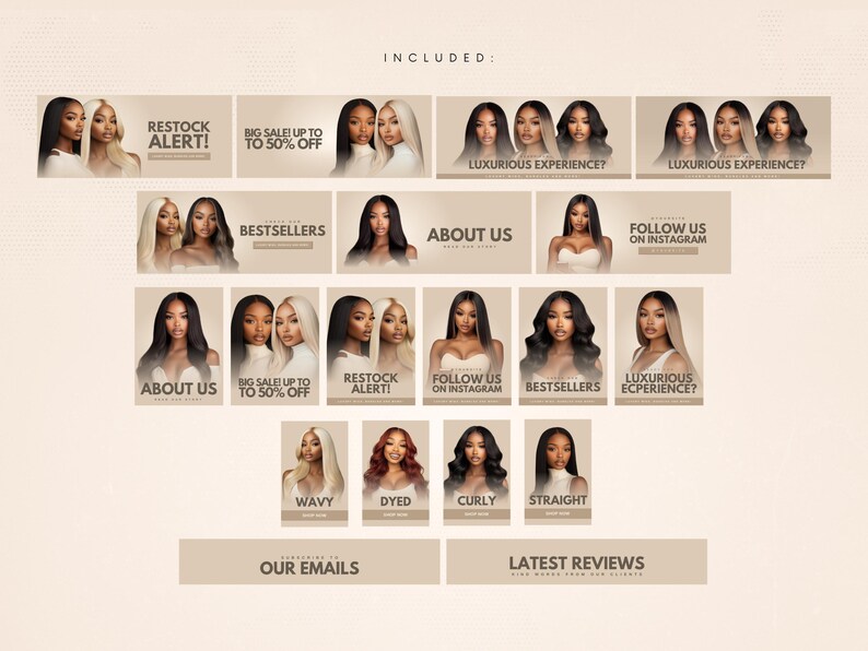 May include: A collage of images promoting hair extensions. The images feature different hairstyles, including wavy, curly, straight, and dyed hair. The text on the images includes "Restock Alert!" and "Big Sale Up To 50% Off".