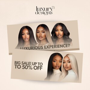 May include: Two banners with a beige background featuring images of women with different hairstyles. The top banner reads "Luxury Designs" and "Luxurious Experience?" The bottom banner reads "Big Sale! Up to 50% Off".