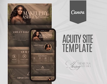 May include: A mobile phone screen displaying a website template for a makeup artist. The template features a brown background with tropical leaf patterns, a photo of a woman, and the text "Makeup by Ashley Davidson".