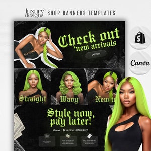 Hair Website Banner Kit: Neon Green Shopify Store Design (Canva Template) image 1