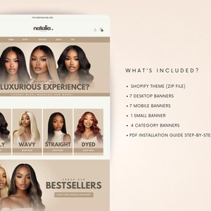 May include: A website screenshot for a hair extensions company called Natalia. The website features a variety of hair extensions, including curly, wavy, straight, and dyed. The website also includes a section on bestsellers and a section on what's included in the purchase of a Shopify theme.