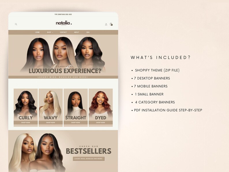 May include: A website screenshot for a hair extensions company called Natalia. The website features a variety of hair extensions, including curly, wavy, straight, and dyed. The website also includes a section on bestsellers and a section on what's included in the purchase of a Shopify theme.