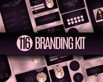 May include: Branding kit for a makeup artist with a pink and black color scheme. The kit includes a price list, loyalty cards, business cards, and social media graphics. The text "116 Branding Kit" is featured prominently in the center of the image.