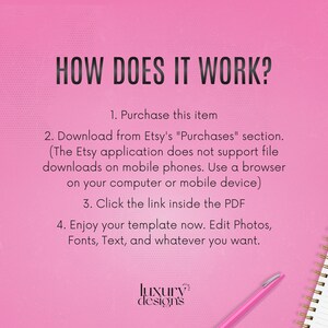 May include: Pink background with white text explaining how to download a digital product from Etsy. The text says "HOW DOES IT WORK?" and lists four steps. The text also includes a note about downloading from a browser or mobile device. The image also includes a notebook and a pink pen.