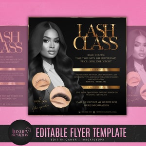 Puede incluir: Una plantilla de folleto negro y dorado para una clase de pestañas. El folleto presenta a una mujer con cabello negro largo y un fondo dorado. El texto en el folleto dice "Lash Class" e incluye información sobre el curso, incluido el precio y la duración. El folleto también incluye una llamada a la acción para llamar o visitar el sitio web para obtener más información.