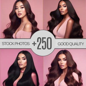 May include: A collage of six images featuring women with long, flowing hair. Each woman is wearing a pink top and has a different hairstyle. The text "STOCK PHOTOS +250 GOOD QUALITY" is displayed across the bottom of the collage.