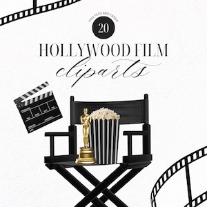 Op de afbeelding: Zwarte regisseursstoel met een gouden Oscar-beeldje, een gestreepte popcorncontainer en een klapbord. De afbeelding bevat de tekst "Hollywood Film Cliparts". De achtergrond is wit met filmstrookranden.