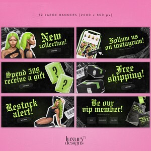 May include: Twelve social media banners with a black background and green text. The banners feature different promotions, including a new collection, free shipping, and a VIP membership. Some banners also feature images of women with green hair.