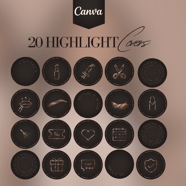 20 Insta Highlight Covers, Luxus Gold, elegante IG Story Icons für die Schönheitsbranche, Beauty Business Instagram Pack