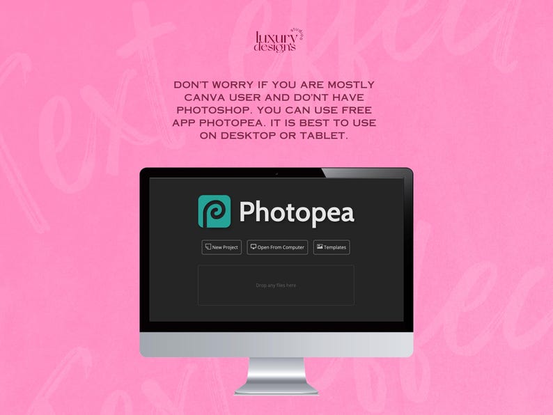 May include: A computer screen displaying the Photopea website. The website is a free online photo editor. The text on the screen reads "Photopea" and has buttons for "New Project", "Open from Computer", and "Templates".
