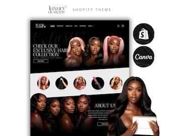 May include: Website homepage for a hair extensions company called "Black & White" with the tagline "Exclusive Hair Collection". The website features images of women with different hairstyles and hair colors. The website also includes a section about the company and a shop now button.