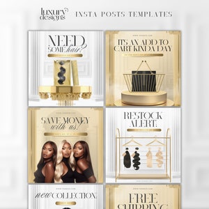 Könnte beinhalten: Sechs Instagram-Post-Vorlagen für ein Unternehmen für Haarverlängerungen. Die Vorlagen verfügen über goldene Akzente und Bilder von Haarverlängerungen. Der Text auf den Vorlagen lautet: "Brauchen Sie Haar?", "Es ist ein Tag zum Warenkorb hinzufügen", "Sparen Sie Geld bei uns!", "Nachschubalarm", "Neue Kollektion" und "Kostenloser Versand".