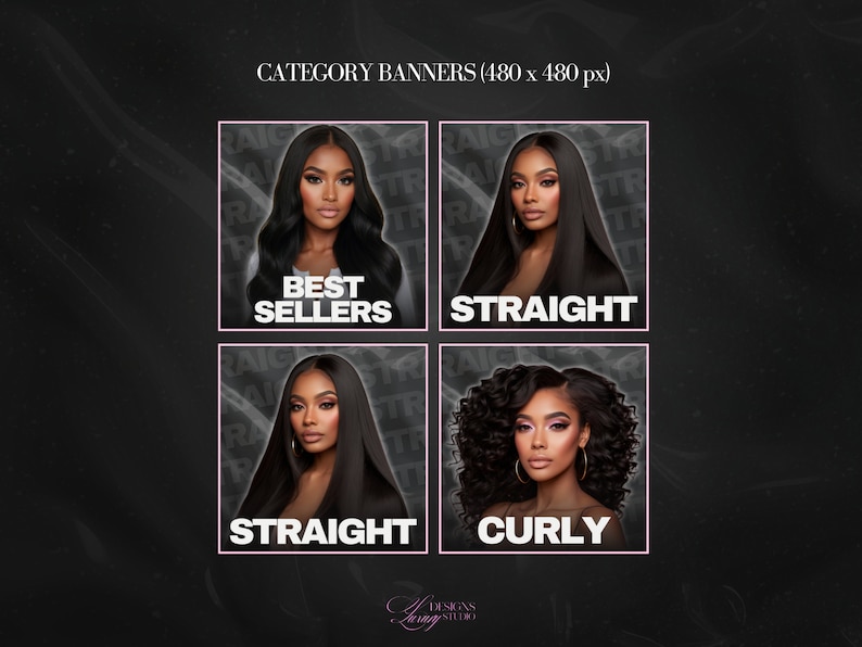 May include: Four banner images for hair extensions. The banners feature models with different hairstyles, including straight, curly, and best sellers. The banners are all black with white text.