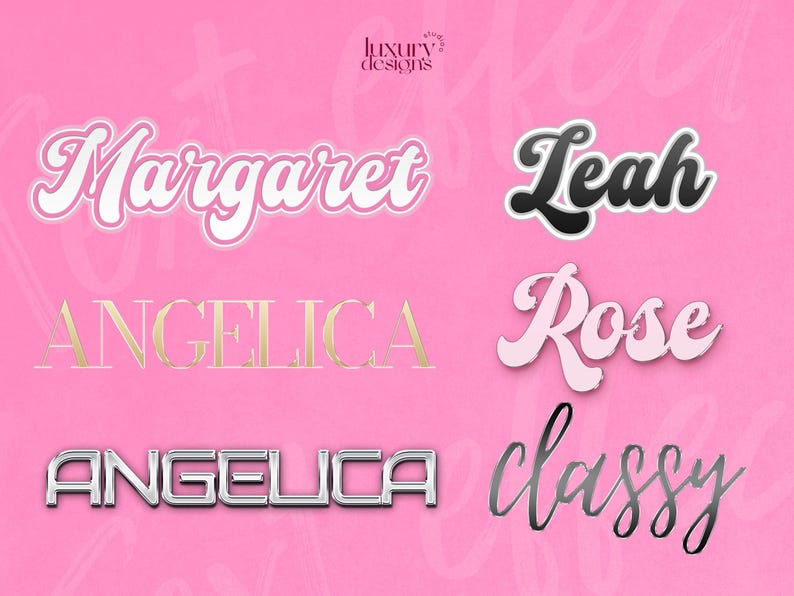 May include: A pink background with six different names written in various styles. The names are "Margaret", "Leah", "Angelica", "Rose", "Angelica", and "classy".