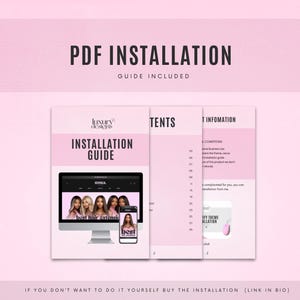 Puede incluir: Una gu&iacute;a digital rosa y blanca con el texto "PDF INSTALLATION GUIDE INCLUDED" en la parte superior. La gu&iacute;a se titula "INSTALLATION GUIDE" y presenta una captura de pantalla de un sitio web con el texto "best hair extensions". La gu&iacute;a tambi&eacute;n incluye una tabla de contenido e informaci&oacute;n sobre los t&eacute;rminos y condiciones.