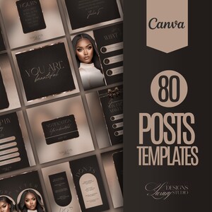 May include: A set of 80 social media post templates for Canva. The templates feature a black and gold color scheme with a modern and elegant design. The templates are perfect for businesses and individuals who want to create professional-looking social media content.