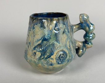 Textured Fossil Mug- Handmade ceramic coffee and tea mug with embossed sea creature fossil design