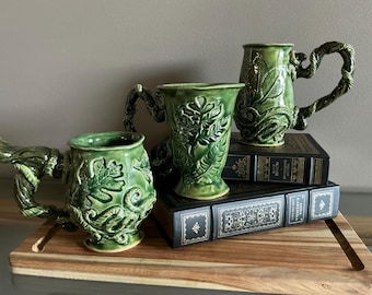 Summer Leaf Mugs- hand built ceramic cup embossed with handmade leaf stamps and sculptural vine handles in summer glaze colors